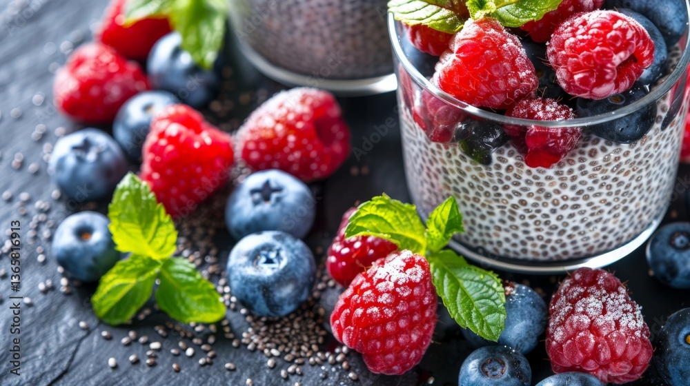 Obraz premium Close-up of chia pudding with berries