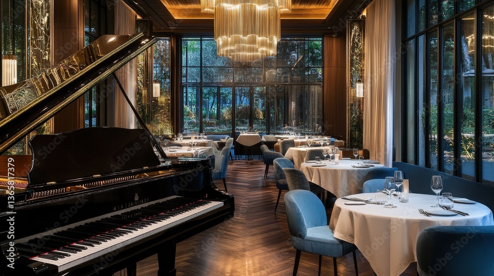 Fototapeta premium Elegant evening dining ambience with grand piano surrounded by fine decor and lush greenery Generative AI