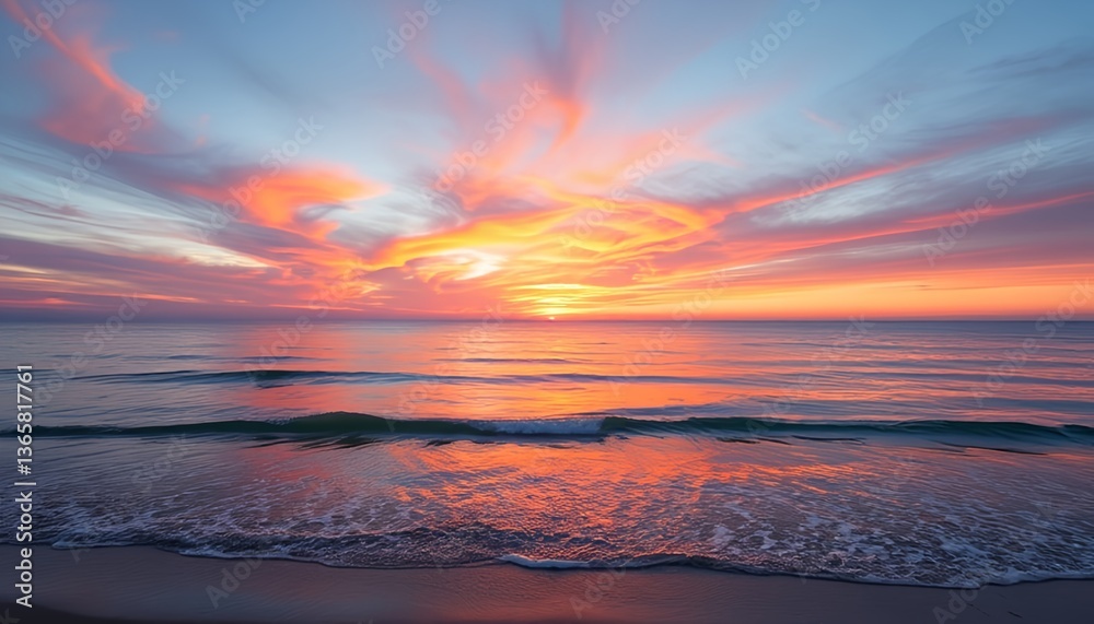 Fototapeta premium Stunning sunset over tranquil ocean waves with vibrant colors in the sky