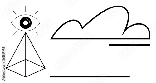 Eye atop pyramid radiates awareness beside cloud and parallel lines evoking balance, insight, perception. Ideal for vision, observation, clarity, mindfulness, spirituality, design concepts flat