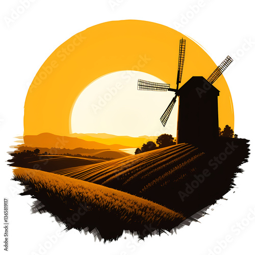 Sunset over Windmill Landscape, Silhouette windmill at sunset, rural landscape