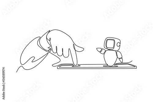 Person interacting with a friendly AI chatbot on a tablet. Technology in business concept. Single line draw design. Vector graphic illustration