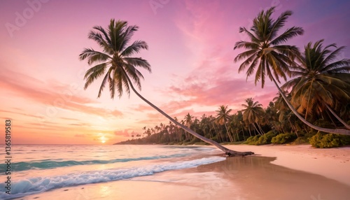 Tropical beach scene showcasing leaning palm trees, idyllic sands, ocean waves, and a glowing sunset with rich pink and purple tones. Perfect for travel, relaxation, and paradise-themed visuals.