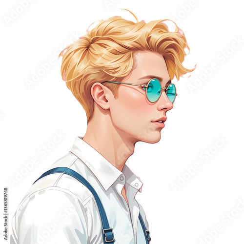 Stylish Blonde Man with Round Sunglasses, Portrait of a handsome young man with blond hair and teal sunglasses.