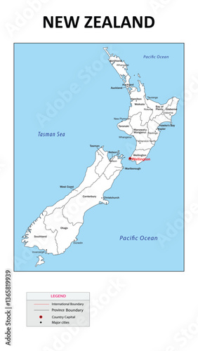 New Zealand map. Country map of New Zealand. Administrative map of New Zealand with Country and capital in white color.