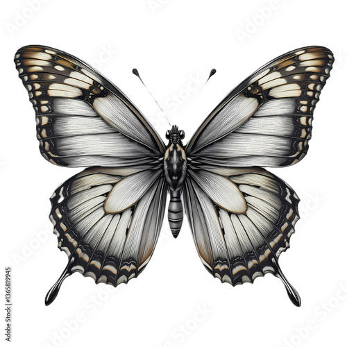 Elegant Monochrome Butterfly Illustration, Detailed drawing of a butterfly in grayscale.