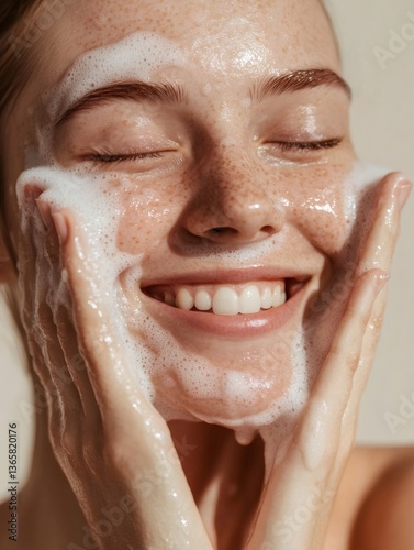 Smiling young woman washing her face with foam cleanser enjoying skincare routine
