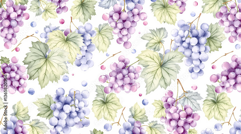 Seamless watercolor pattern of green and blue grapes set against a crisp white background, Watercolor grape on the white background