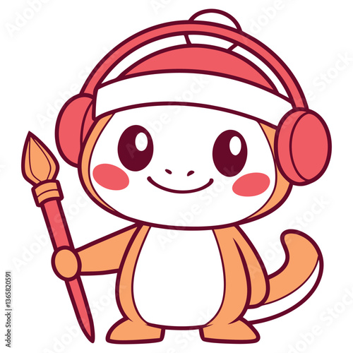 Cute Cartoon Gecko with Headphones Holding a Brush on a Transparent Background