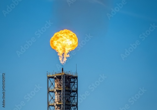 Flame erupting from an industrial oil refinery tower against a clear blue sky photo