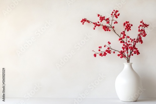 Simple vase with red berries.  A single, elegant vase holds a branch of small, vibrant red berries against a plain white background.  A touch of winter warmth
