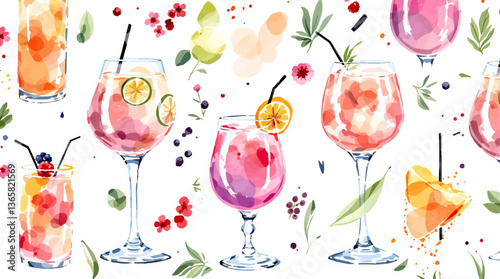 Vibrant watercolor illustration of various tropical cocktails with umbrellas and fresh fruit
