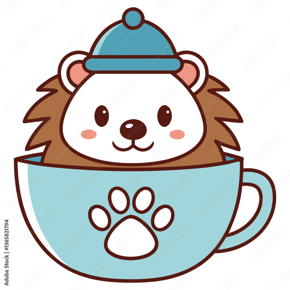 Fototapeta premium Cute Cartoon Hedgehog in Blue Cup with Paw Print Wearing a Blue Hat. Isolated