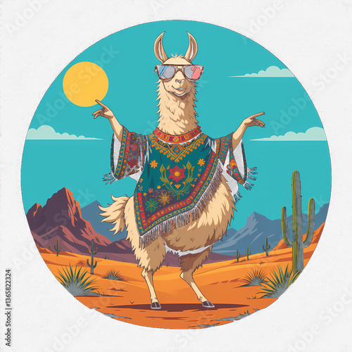 Cool Llama in Desert, Llama wearing sunglasses and poncho in desert landscape.