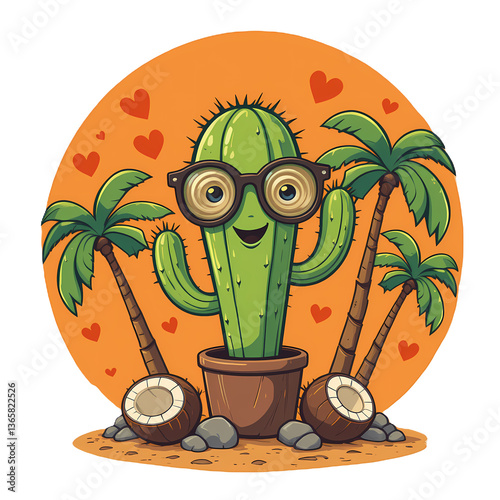 Cute Cactus Character Illustration, Happy cactus wearing glasses near palm trees and coconuts.