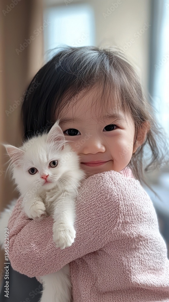 Joyful Child Cuddling a White Kitten in a Cozy Indoor Setting Joyful Child Cuddling a White Kitten in a Cozy Indoor Setting
