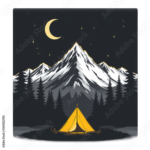 Night Camping in Mountains, Yellow tent under starry night sky, majestic mountains