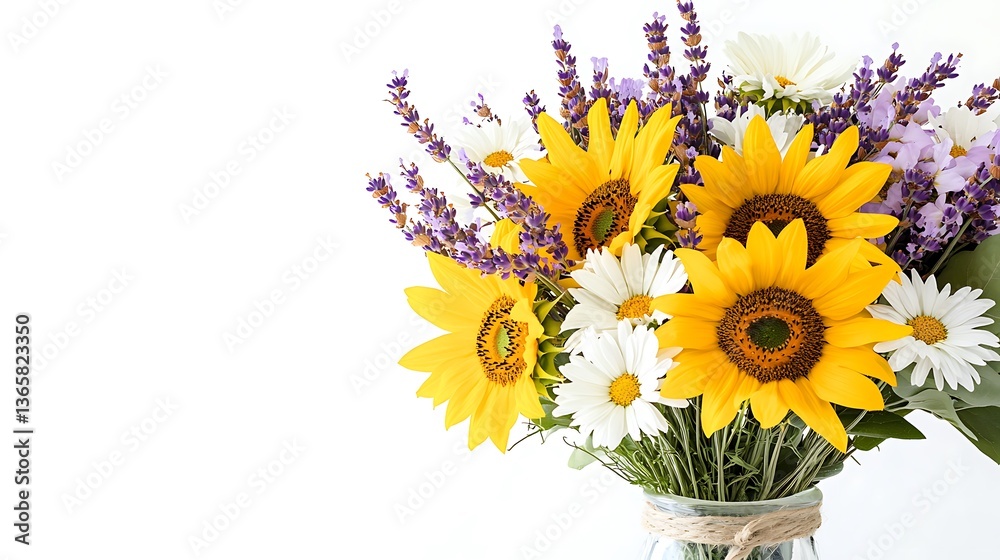 Obraz premium Sunflowers daisies and lavender in a vase against white backdrop