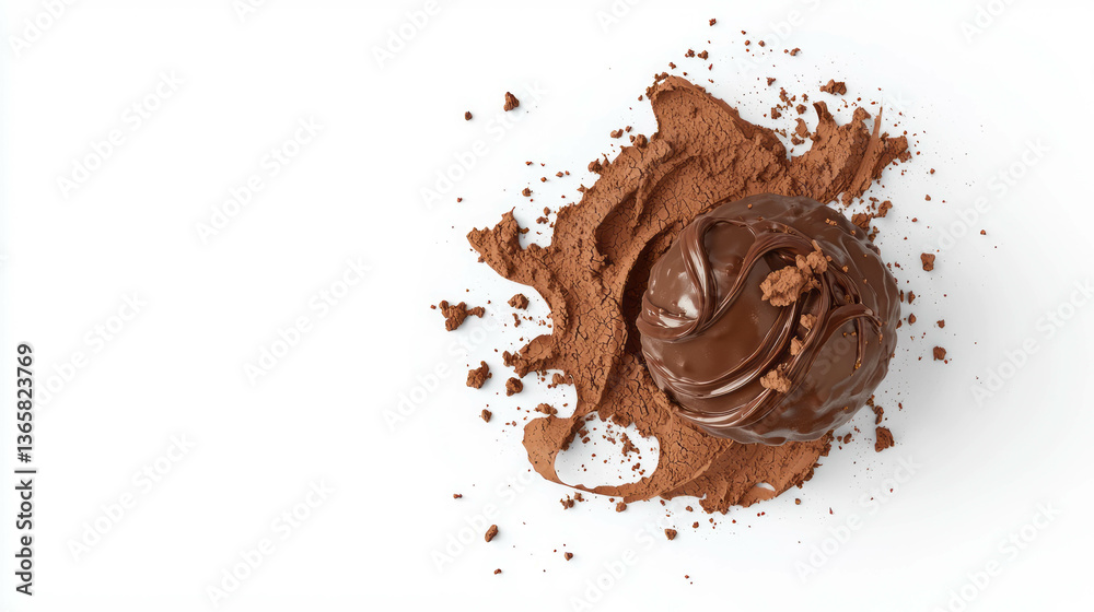 Fototapeta premium Luxurious chocolate curls on rich cocoa powder background for gourmet dessert design