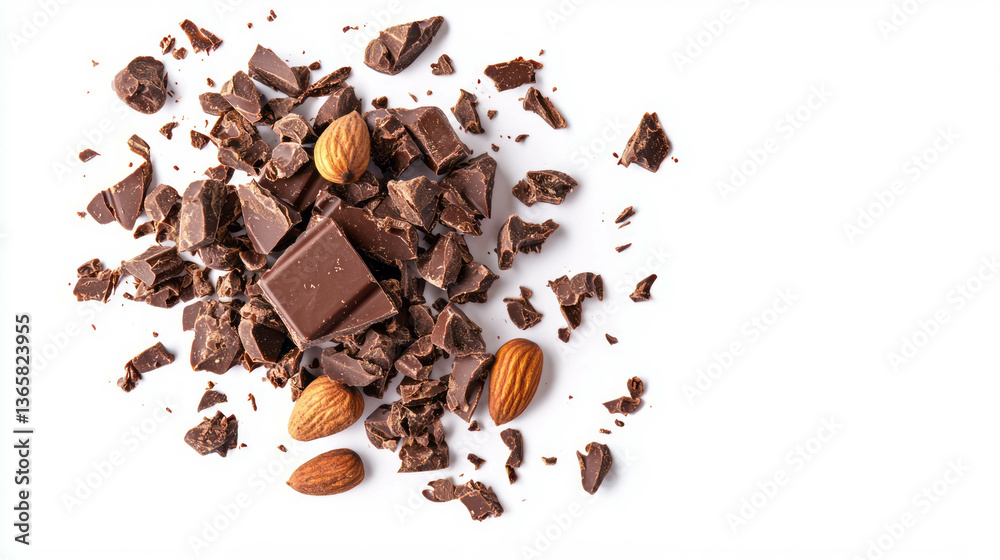 Decadent chocolate curls and chunks with almonds on white background