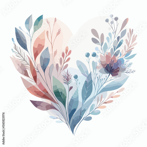 Floral heart shape illustration with soft watercolor leaves and flowers in pastel colors