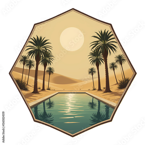 Oasis in Desert Landscape, Palm trees, water, and desert sun.