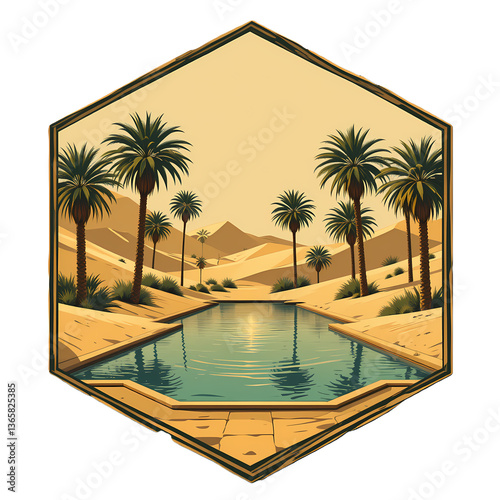 Oasis in Desert Landscape, Serene desert oasis with palm trees and pool.
