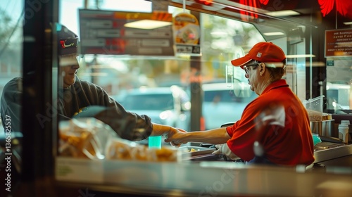 Fast food drive-thru window with a customer receiving their order