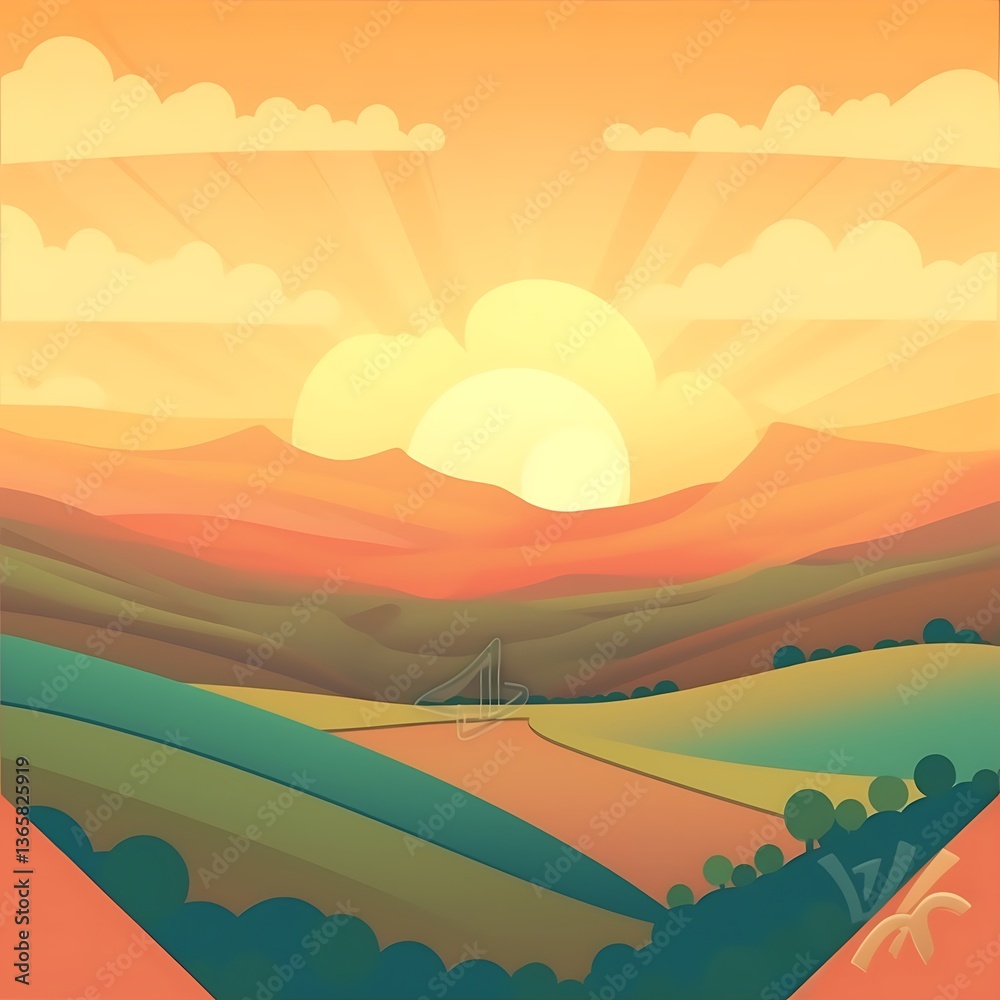 Fototapeta premium Serene Sunset Over Rolling Hills Landscape