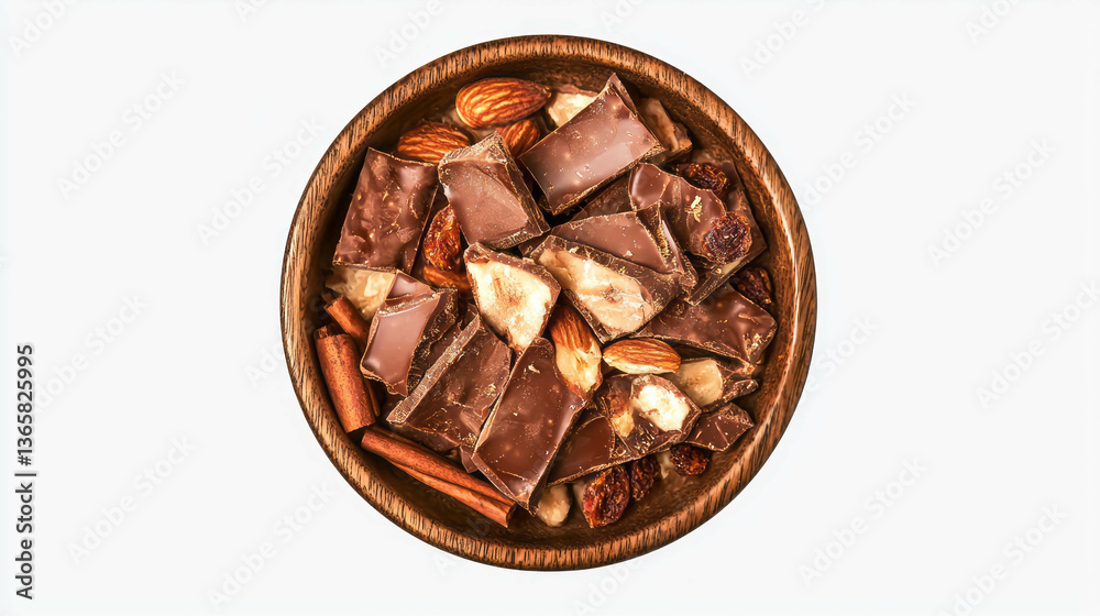 Indulgent cinnamon and chocolate bark with nuts in a rustic bowl for culinary delight Indulgent cinnamon and chocolate bark with nuts in a rustic bowl for culinary delight