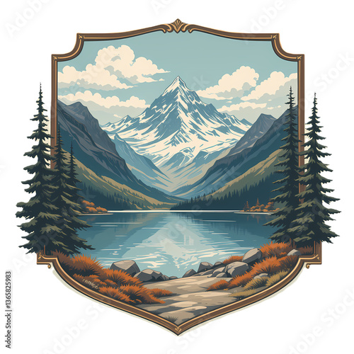 Mountain Lake Landscape Illustration, Scenic mountain lake illustration in vintage style.