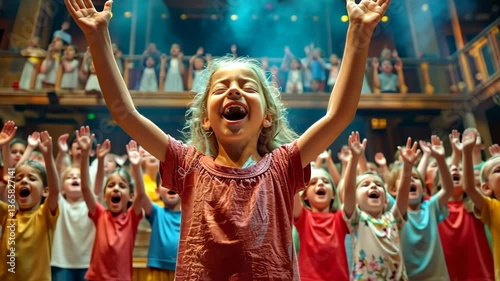 Children performing a play on stage, highlighting the importance of arts and drama in school