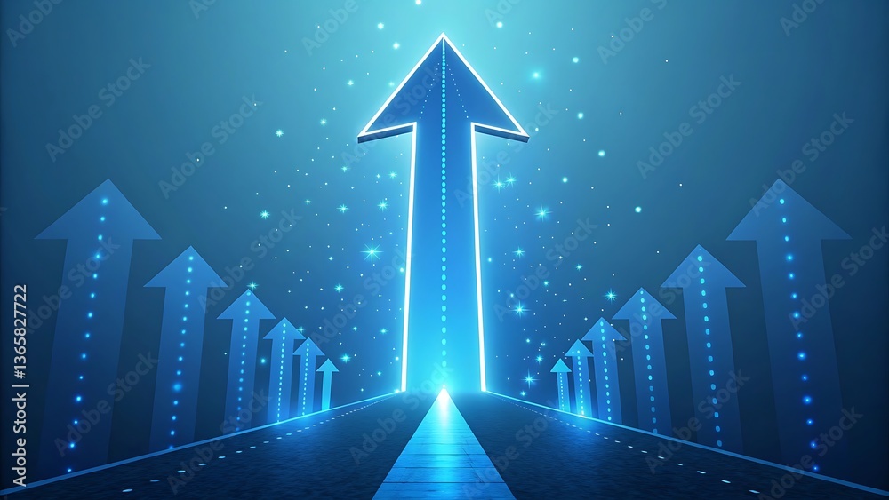 Fototapeta premium Road to Success: Conceptual Illustration with Ascending Arrows and Glowing Pathway for Progress Visualization and Future Goals.