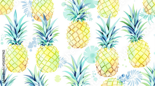 Vibrant watercolor pineapple pattern on a clean white background
