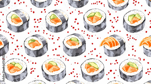 A seamless watercolor pattern featuring Sushi designs on a white background.