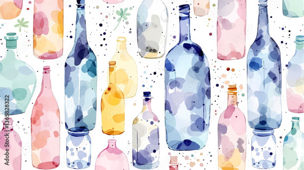 Watercolor pattern bottles white background vector	