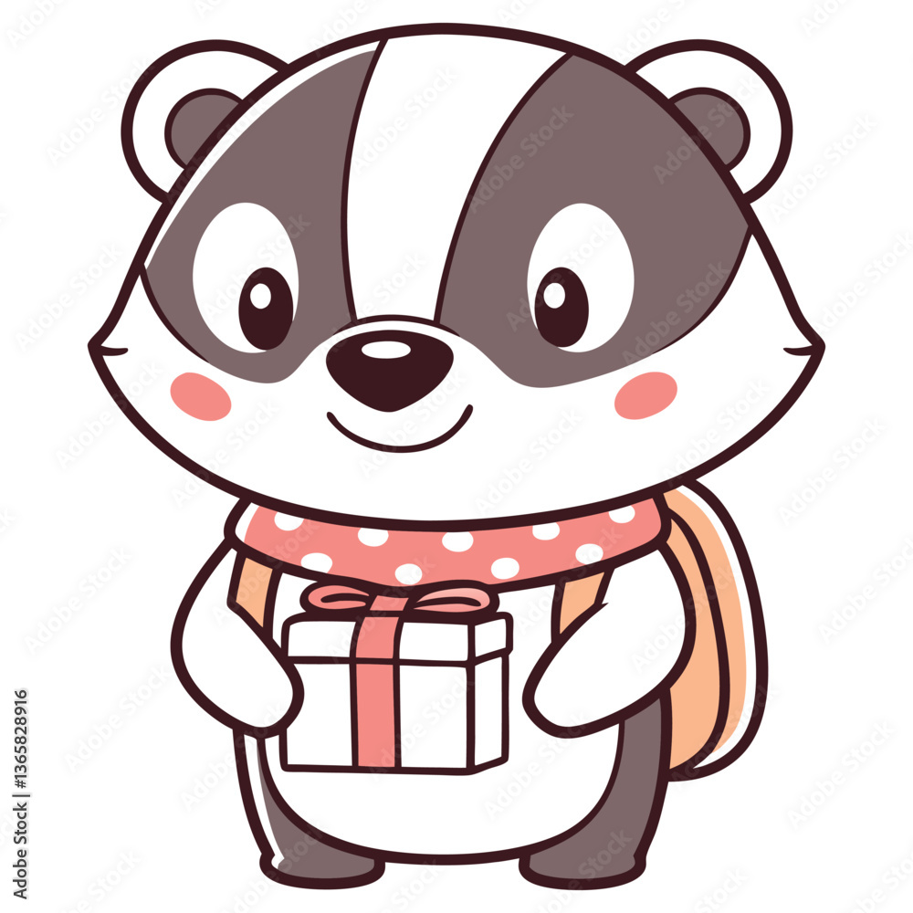 Fototapeta premium Cartoon Badger Gift Box with Polka Dot Scarf in Cute Celebration Style