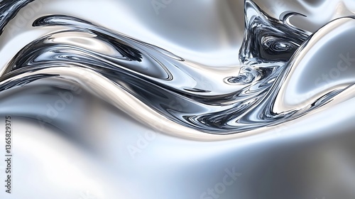 Abstract silver liquid flowing with smooth curves and reflections