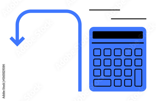 Calculator beside curved downward arrow symbolizes financial processes, data tracking, or decision-making. Ideal for accounting, budgeting, finance, business, calculation, planning flat simple