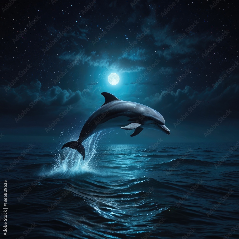 Fototapeta premium A dolphin leaps in a moonlit ocean