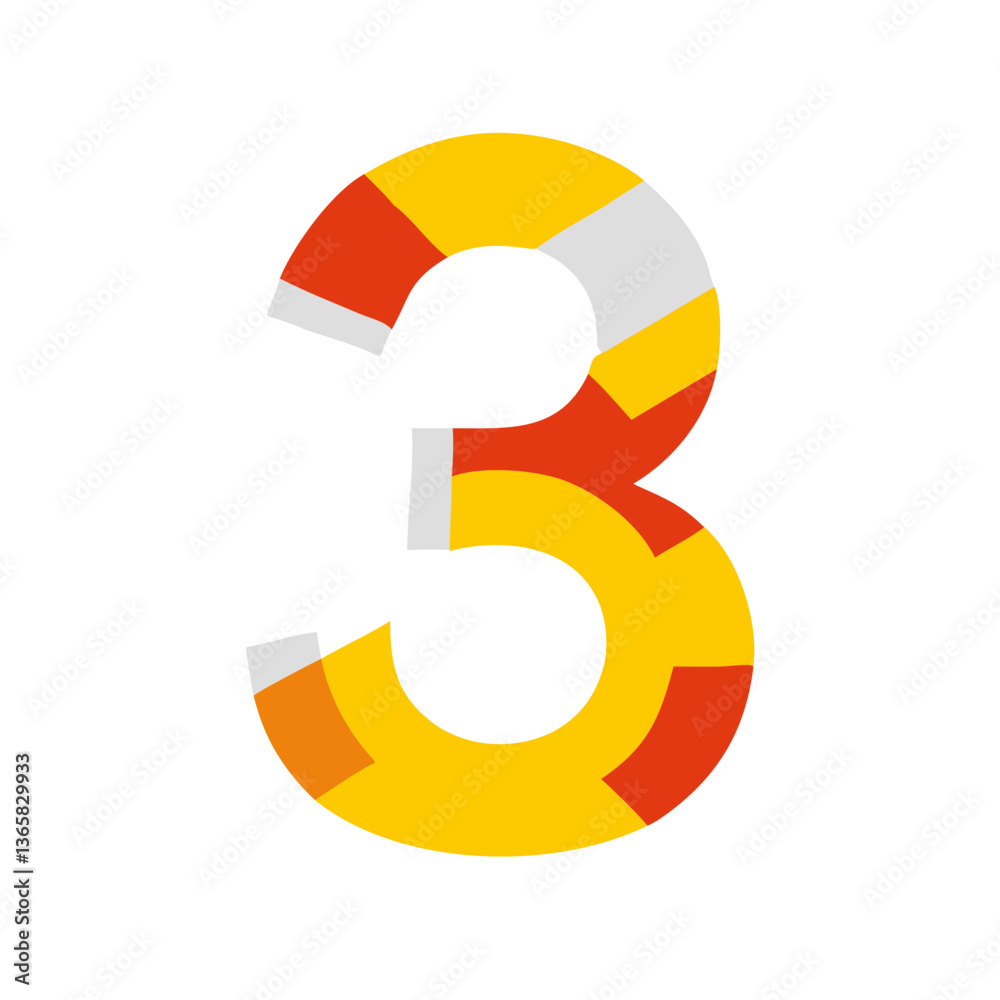 Colorful number three in vibrant red, yellow, and gray design Colorful number three in vibrant red, yellow, and gray design