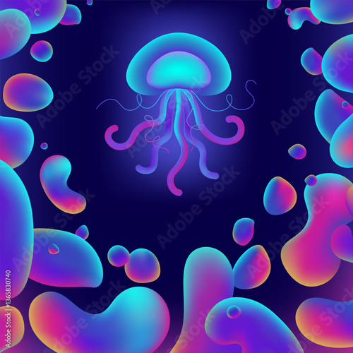 Vector illustration with gradient colorful jellyfish and different abstract gradient drops