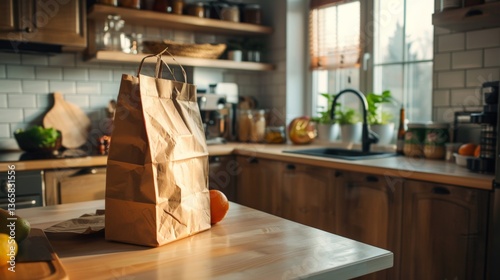 Food delivery bag on a kitchen counter with unpacked items