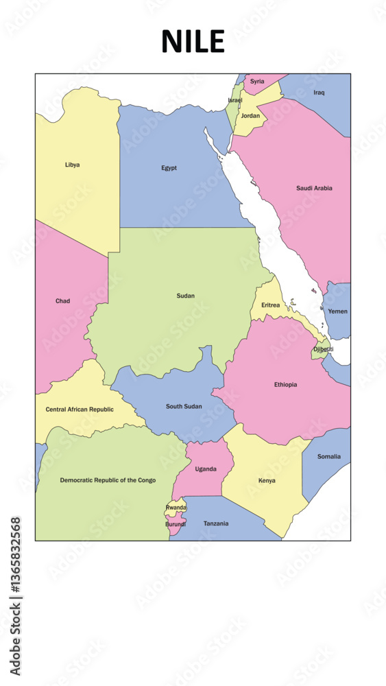 Obraz premium Nile Map. State map of Nile. State map of Nile in colour with capital.