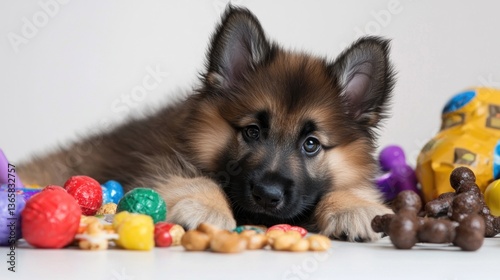 Playful puppy surrounded by colorful toys and treats on a bright surface, capturing a joyful moment