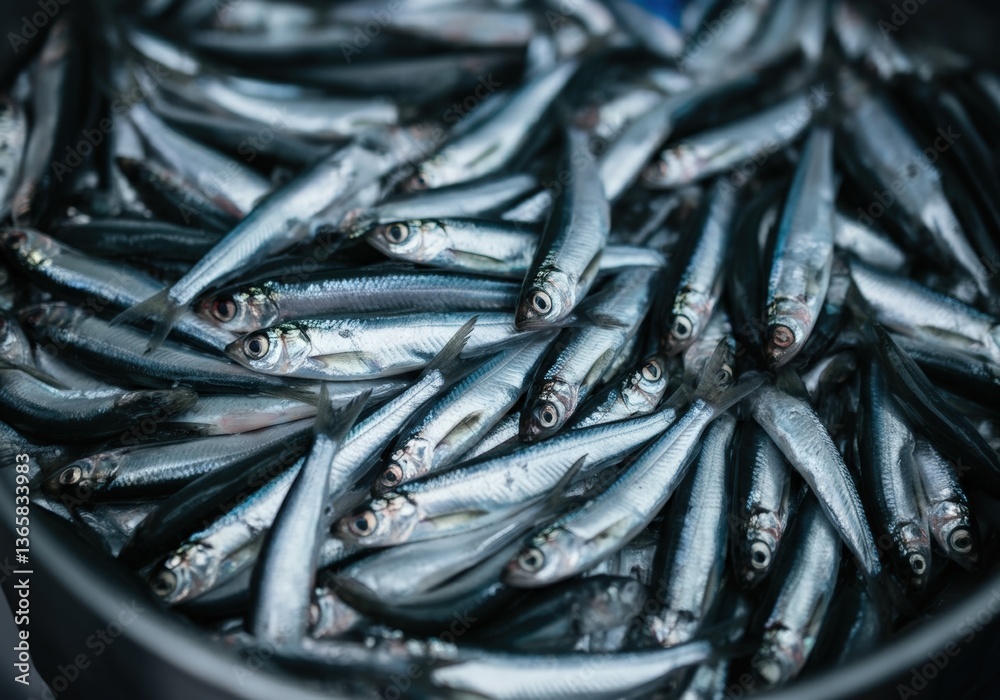 Fototapeta premium Fresh silver fish piled together, showcasing their shiny scales and vibrant appearance