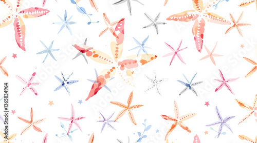 Seamless watercolor pattern of hand drawn nautilus shells and smooth sea pebbles on a white background, Watercolor pattern shells on white background