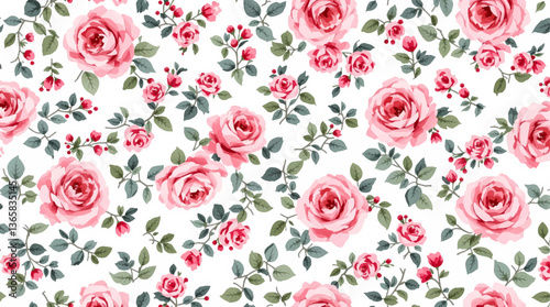 Watercolor Pink flower background for invitation card. Floral painted seamless pattern, Red rose flower