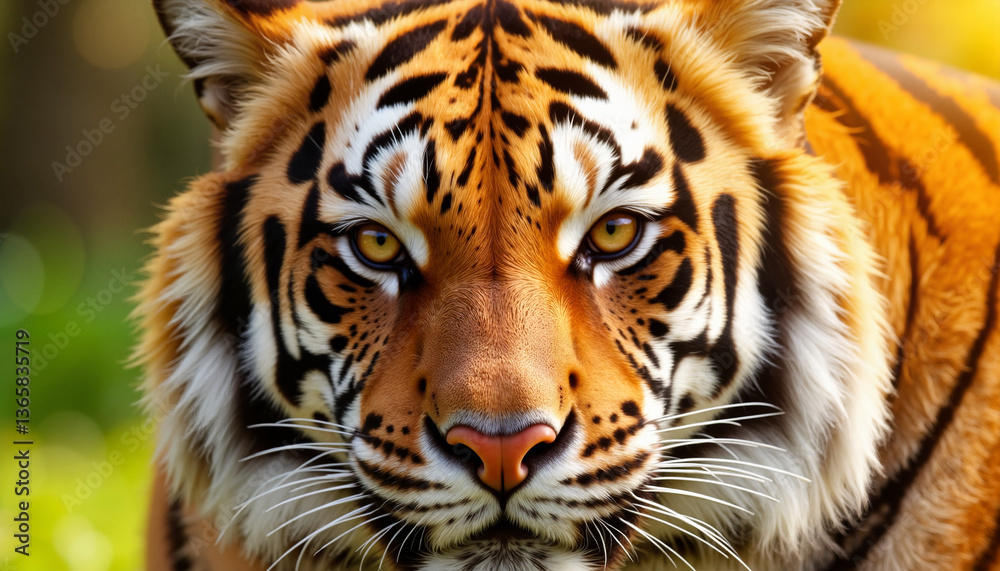 Fototapeta premium Fierce tiger gazing with intense focus in golden sunlight, wildlife majesty