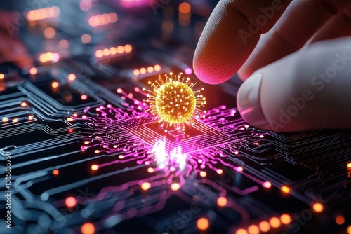 Glowing Virus Model On Circuit Board A Futuristic Technological Image